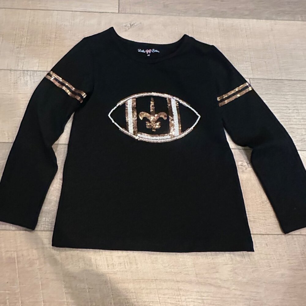 LULU BEBE GIRLS 8Y BLACK LONG SLEEVE SEQUIN NEW ORLEANS SAINTS SHIRT